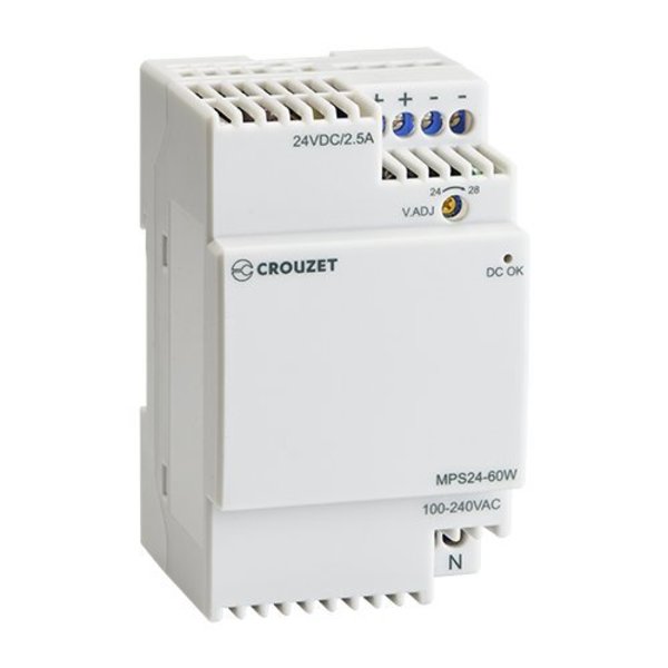 Crouzet Power Supply, 100 to 240V AC, 24V DC, 60W, 2.5A, DIN Rail 89451006